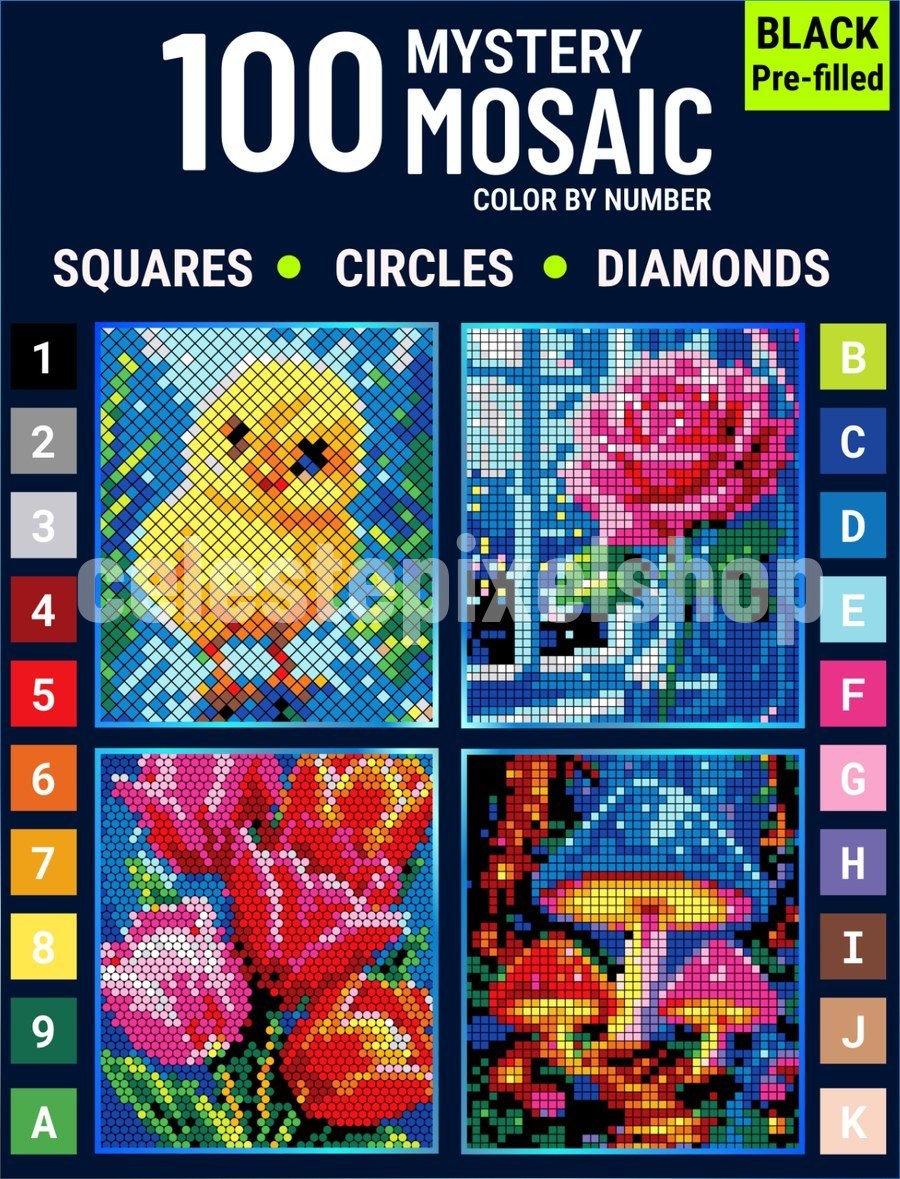100 Mystery Mosaic color by number book cover