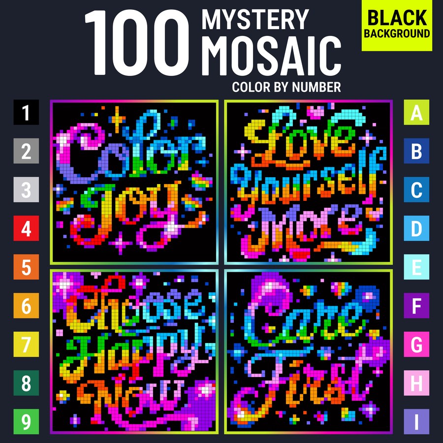 Mystery Mosaic Neon Words color by number book cover