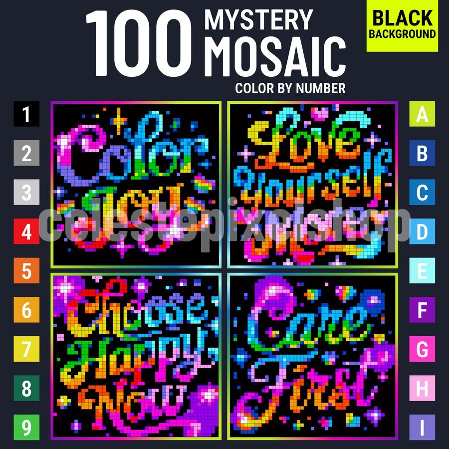 Mystery Mosaic Neon Words color by number book cover